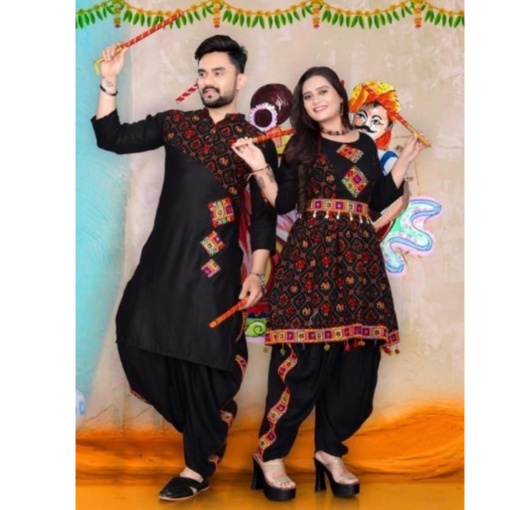 Navratri Traditional Black Couple Wear Same Matching Kedia Outfits Set Dress mahezon