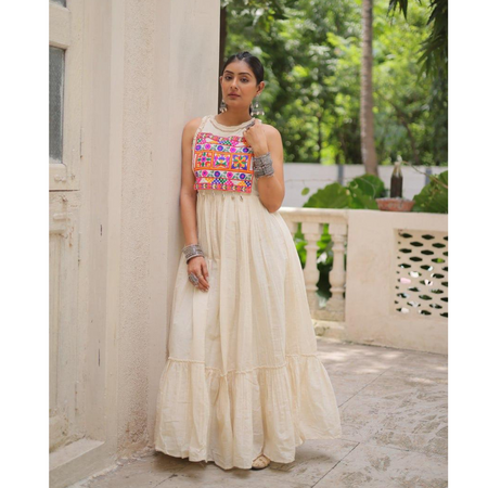 Navratri Garba Traditional Embroidery White Women Gown mahezon