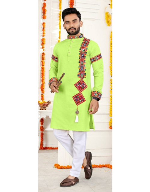 Load image into Gallery viewer, Navratri Traditional Indian Cotton Green Men Kurta Pajama mahezon
