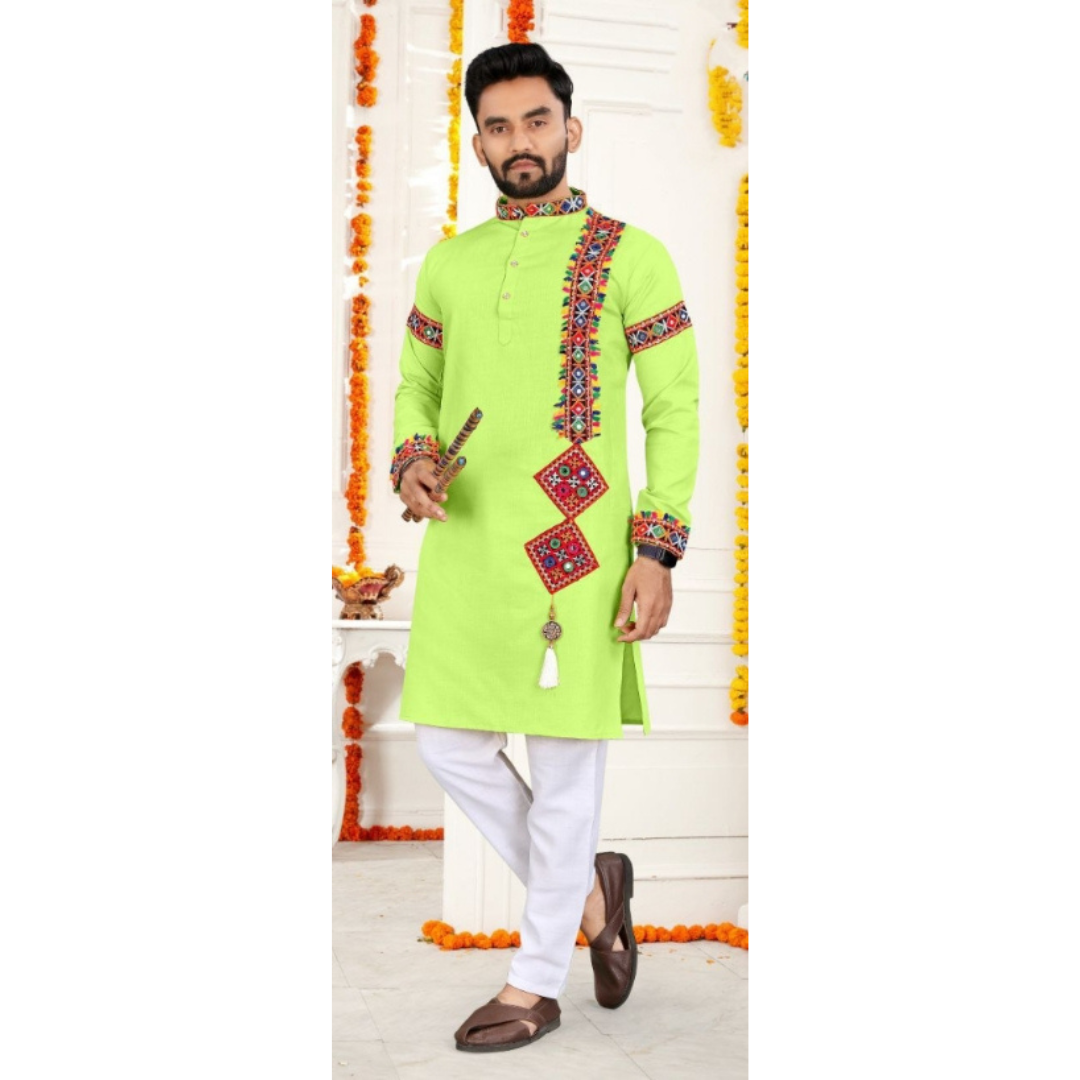 Navratri Traditional Indian Cotton Green Men Kurta Pajama mahezon