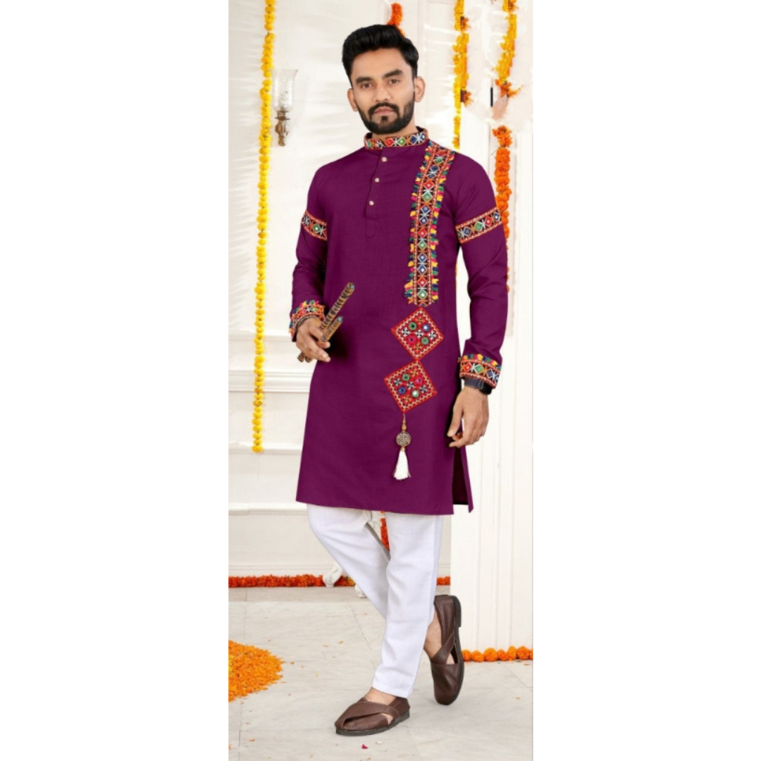 Navratri Traditional Indian Cotton Purple Men Kurta Pajama mahezon