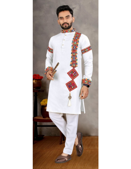 Load image into Gallery viewer, Navratri Traditional Indian Cotton White Men Kurta Pajama mahezon
