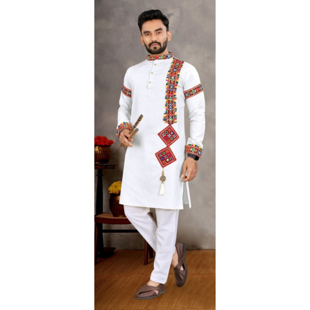 Navratri Traditional Indian Cotton White Men Kurta Pajama mahezon