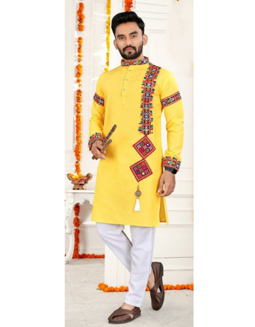 Load image into Gallery viewer, Navratri Traditional Indian Cotton Yellow Men Kurta Pajama mahezon
