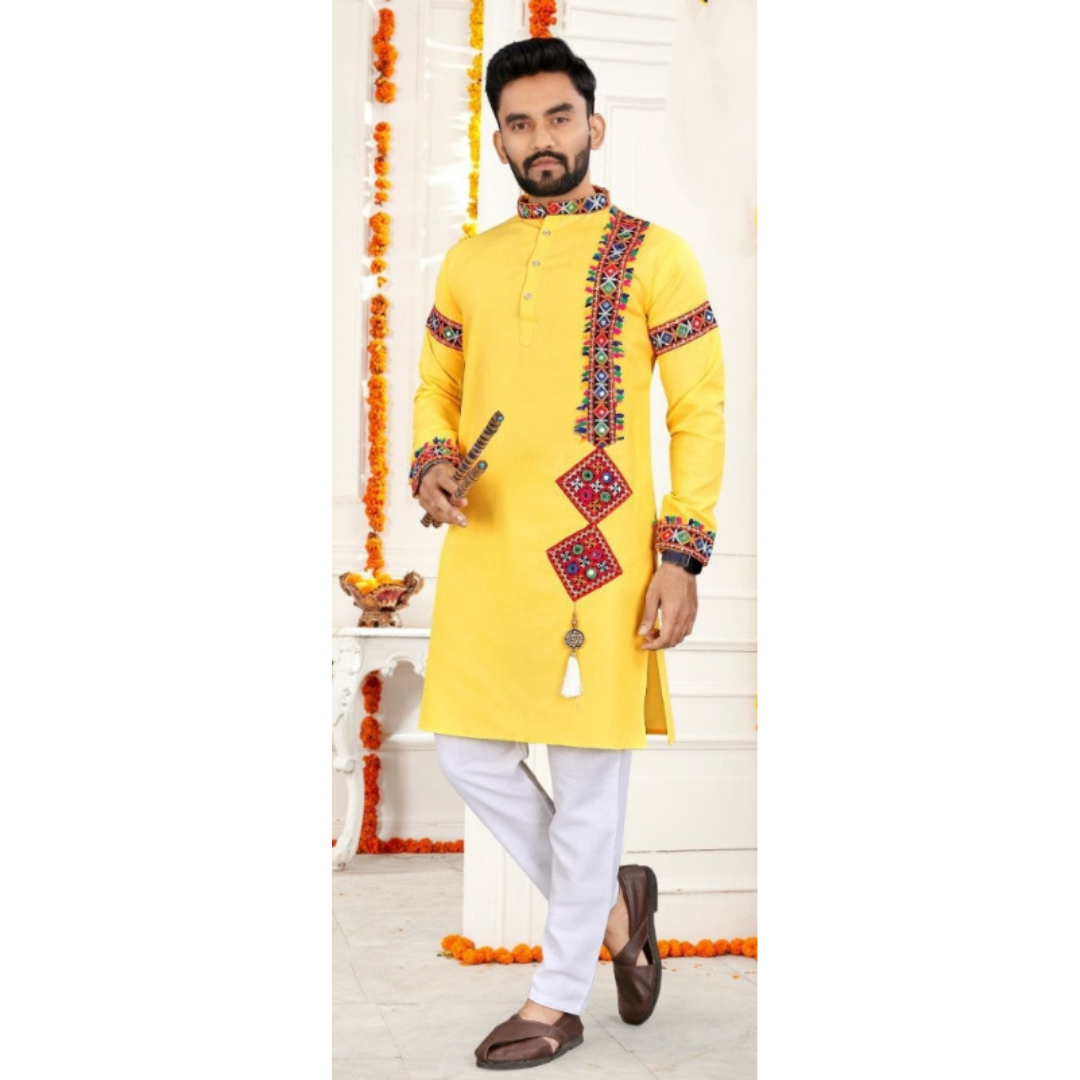 Navratri Traditional Indian Cotton Yellow Men Kurta Pajama mahezon