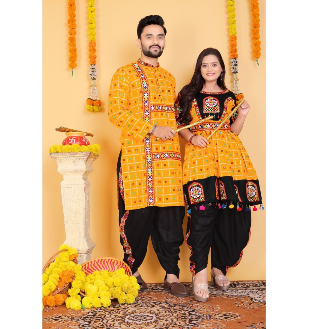 Navratri Traditional Indian Yellow Couple Wear Same Matching Outfits Set Dress mahezon