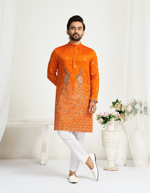 Load image into Gallery viewer, Orange Crunchy Silk Ethnic Traditional Indian Couple Wear Same Matching Men Kurta Women Lehenga Blouse Dupatta for Weddings mahezon
