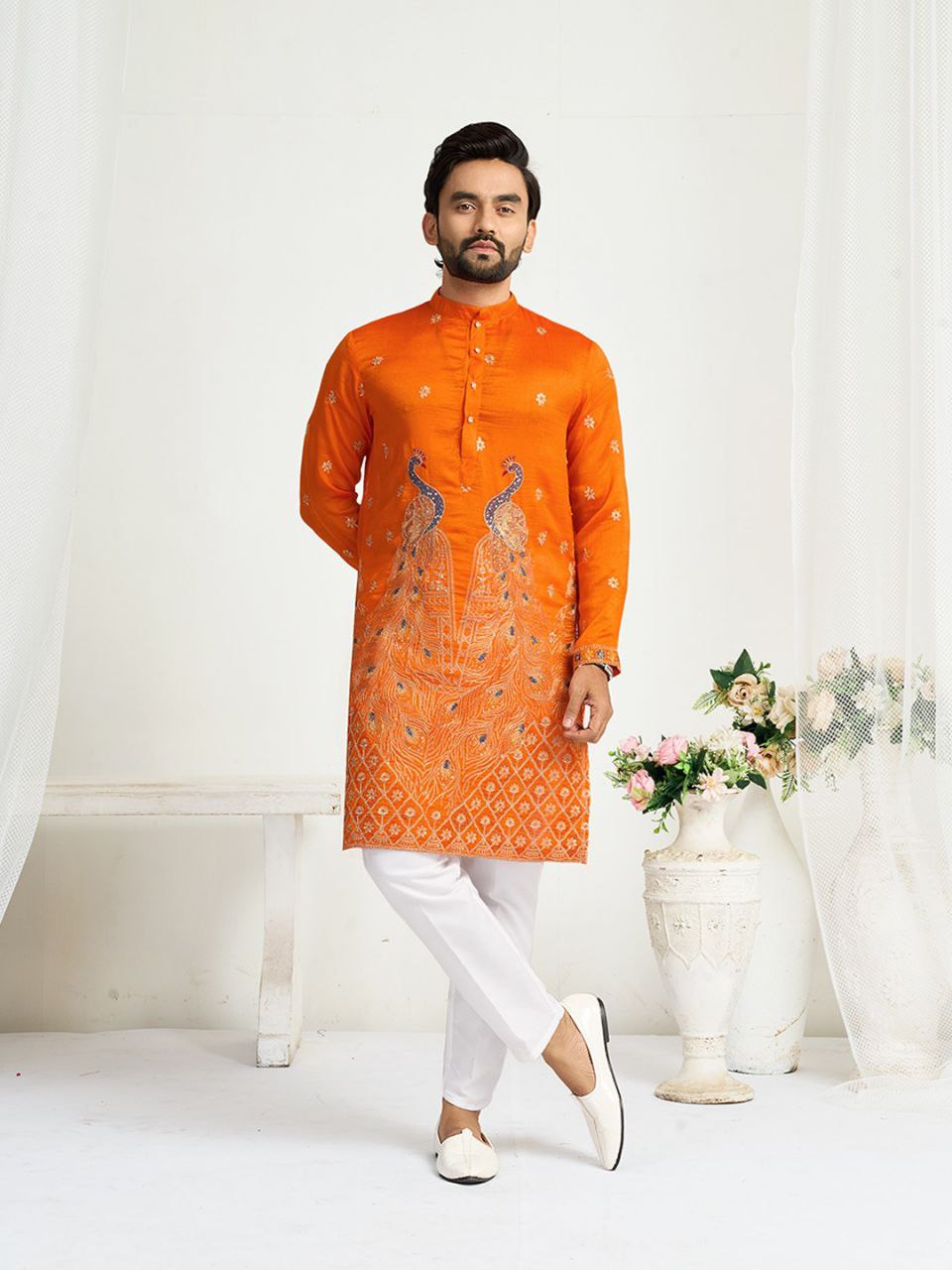 Orange Crunchy Silk Ethnic Traditional Indian Couple Wear Same Matching Men Kurta Women Lehenga Blouse Dupatta for Weddings mahezon