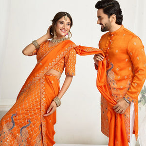 Orange Crunchy Silk Ethnic Traditional Indian Couple Wear Same Matching Men Kurta Women Lehenga Blouse Dupatta for Weddings mahezon