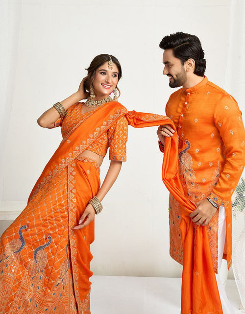 Load image into Gallery viewer, Orange Crunchy Silk Ethnic Traditional Indian Couple Wear Same Matching Men Kurta Women Lehenga Blouse Dupatta for Weddings mahezon
