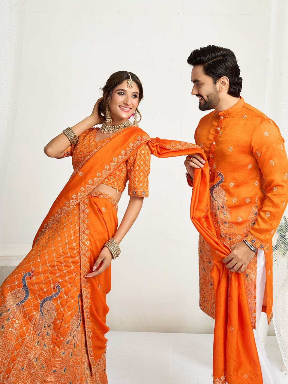 Orange Crunchy Silk Ethnic Traditional Indian Couple Wear Same Matching Men Kurta Women Lehenga Blouse Dupatta for Weddings mahezon