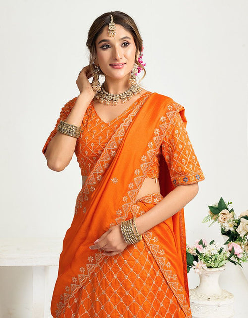 Load image into Gallery viewer, Orange Crunchy Silk Ethnic Traditional Indian Couple Wear Same Matching Men Kurta Women Lehenga Blouse Dupatta for Weddings mahezon
