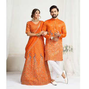 Orange Crunchy Silk Ethnic Traditional Indian Couple Wear Same Matching Men Kurta Women Lehenga Blouse Dupatta for Weddings mahezon