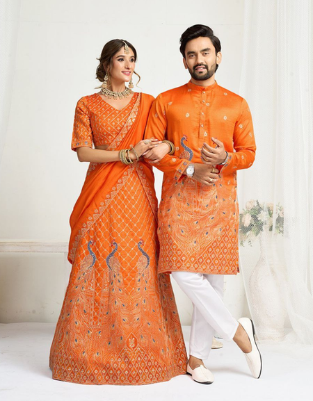 Orange Crunchy Silk Ethnic Traditional Indian Couple Wear Same Matching Men Kurta Women Lehenga Blouse Dupatta for Weddings mahezon
