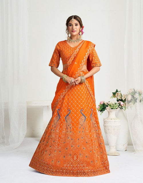 Load image into Gallery viewer, Orange Crunchy Silk Ethnic Traditional Indian Couple Wear Same Matching Men Kurta Women Lehenga Blouse Dupatta for Weddings mahezon
