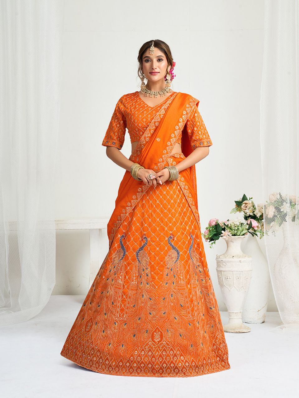Orange Crunchy Silk Ethnic Traditional Indian Couple Wear Same Matching Men Kurta Women Lehenga Blouse Dupatta for Weddings mahezon