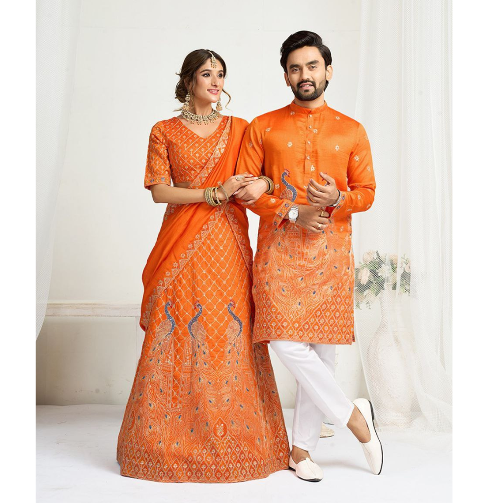 Orange Crunchy Silk Ethnic Traditional Indian Couple Wear Same Matching Men Kurta Women Lehenga Blouse Dupatta for Weddings mahezon