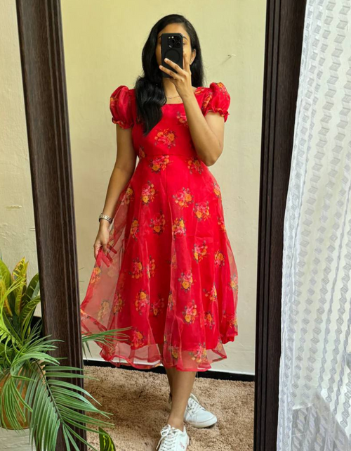 Load image into Gallery viewer, Organza Red Midi Women Frock Dress mahezon
