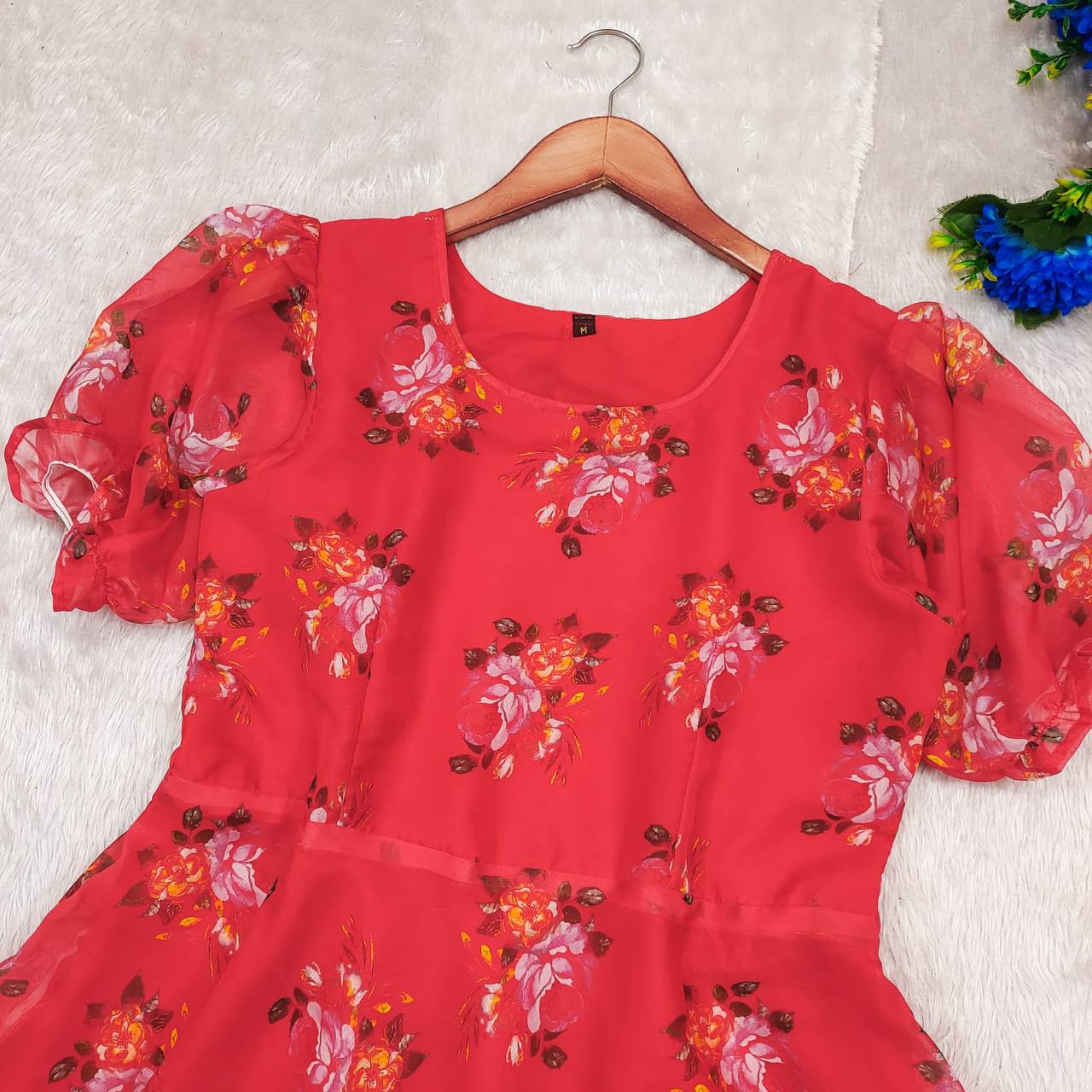 Organza Red Midi Women Frock Dress mahezon