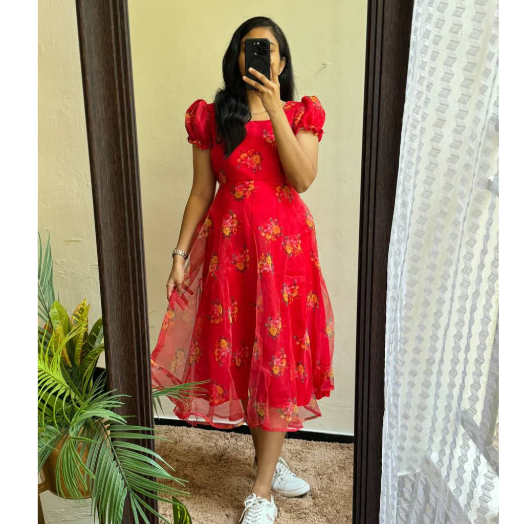 Organza Red Midi Women Frock Dress mahezon