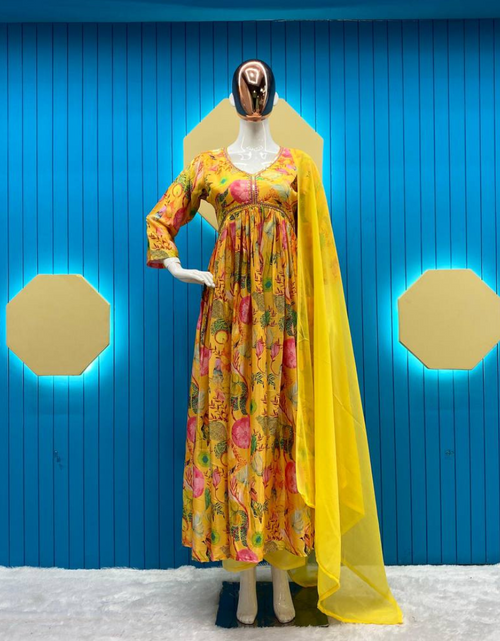 Load image into Gallery viewer, Party Wear Yellow Women Gown Pant with Dupatta Suit mahezon
