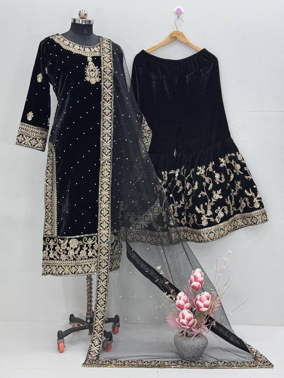 Party Wear Designer Velvet Women Top Sharara Dupatta Royal Export