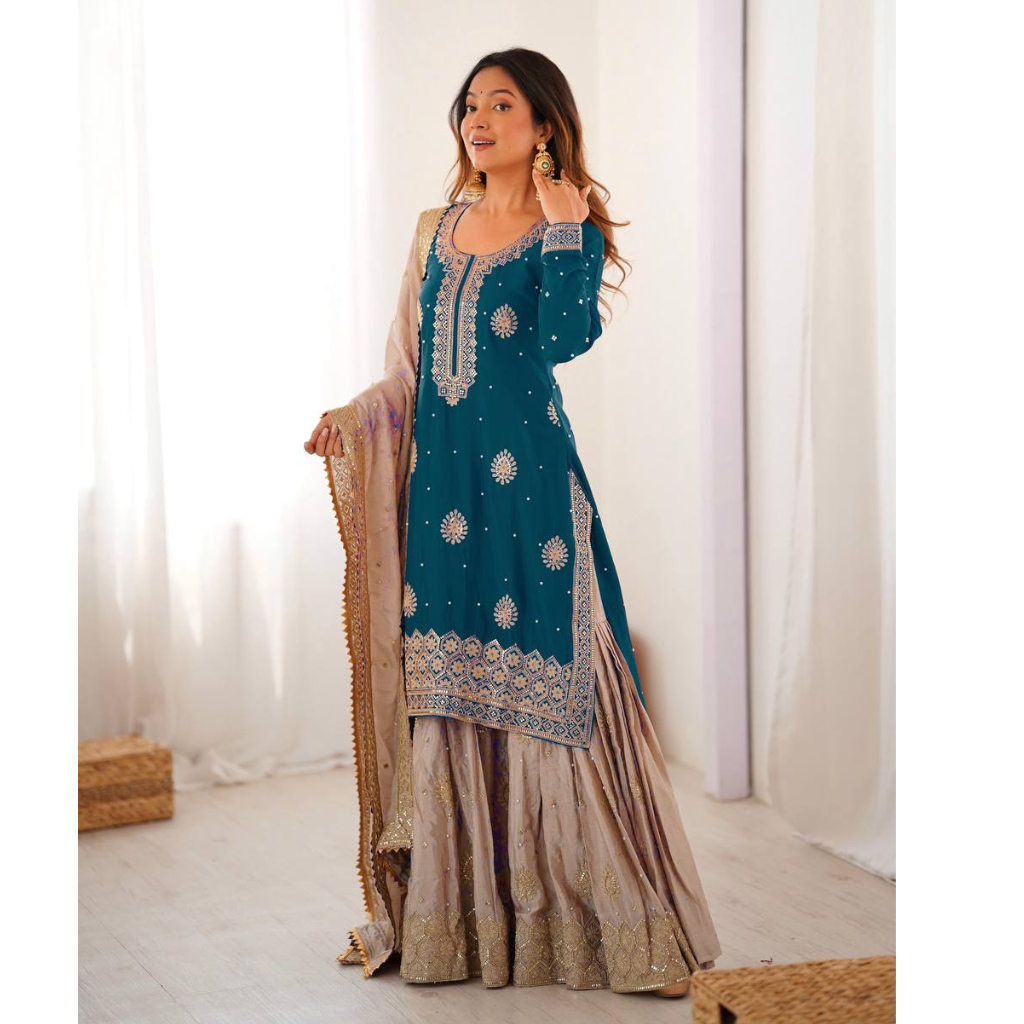 Party Wear Designer Women Top Sharara with Dupatta Suit Dress