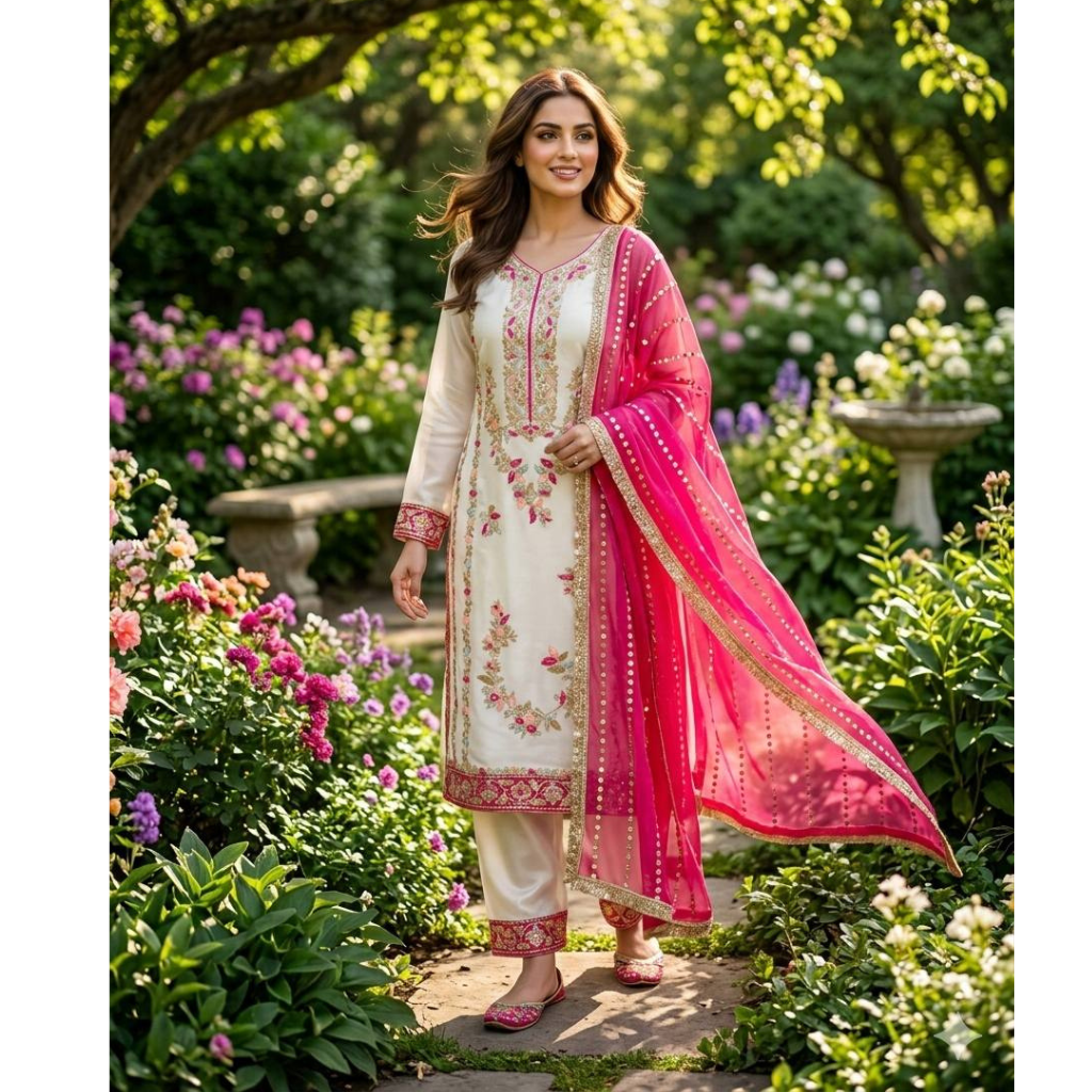 Party Wear Embroidered Women Top Palazzo Dupatta Suit Dress mahezon