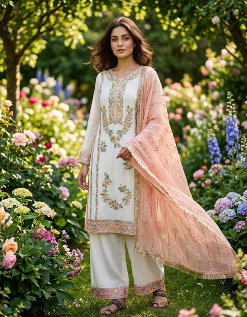 Load image into Gallery viewer, Party Wear Embroidered Women Top Palazzo Dupatta Suit Dress mahezon
