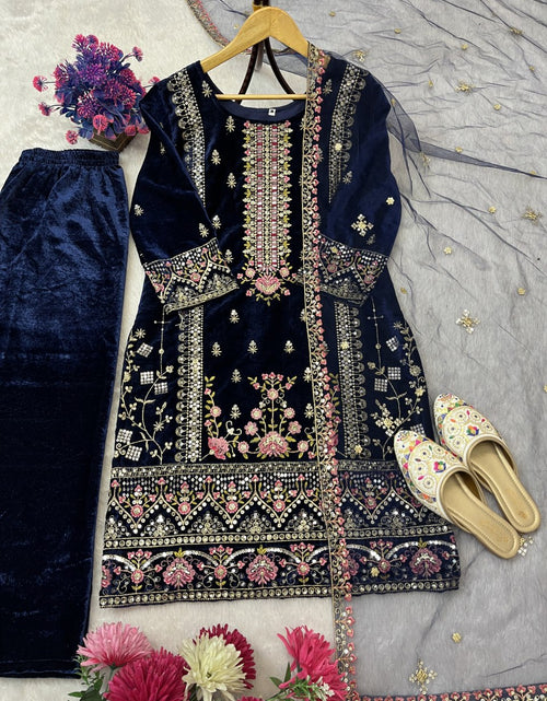 Load image into Gallery viewer, Designer Velvet Embroidery Women Top Pant Dupatta Suit Royal Export
