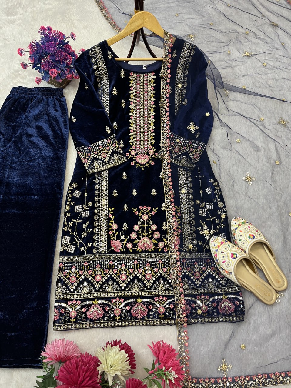 Designer Velvet Embroidery Women Top Pant Dupatta Suit Royal Export