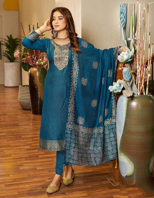 Load image into Gallery viewer, Party wear Blue Women Kurta Pant with Dupatta Suit mahezon
