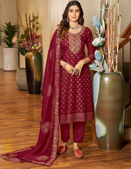 Load image into Gallery viewer, Party wear Red Women Kurta Pant with Dupatta Suit mahezon
