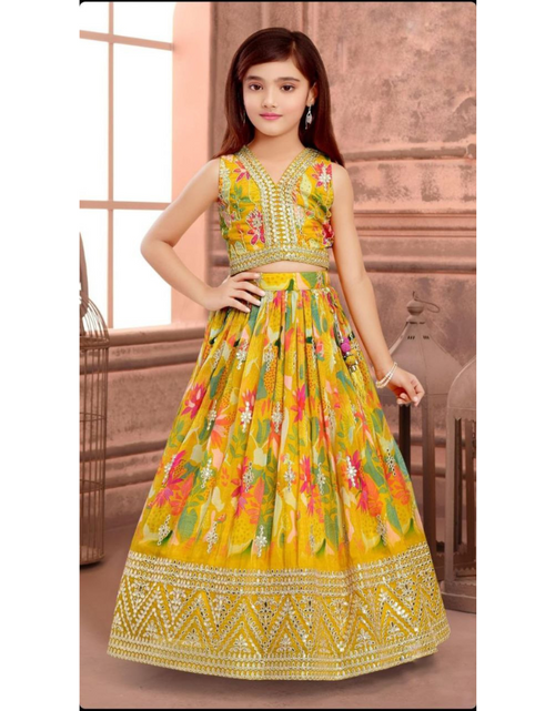 Load image into Gallery viewer, Party wear Sequin Embroidery Kids Girl Lehenga Choli Dupatta Yellow mahezon

