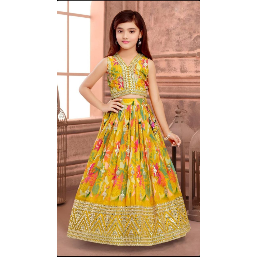 Party wear Sequin Embroidery Kids Girl Lehenga Choli Dupatta Yellow mahezon