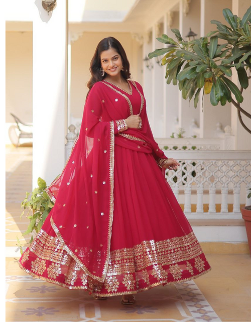 Load image into Gallery viewer, Pink Party wear Women Gown Dupatta Suit mahezon
