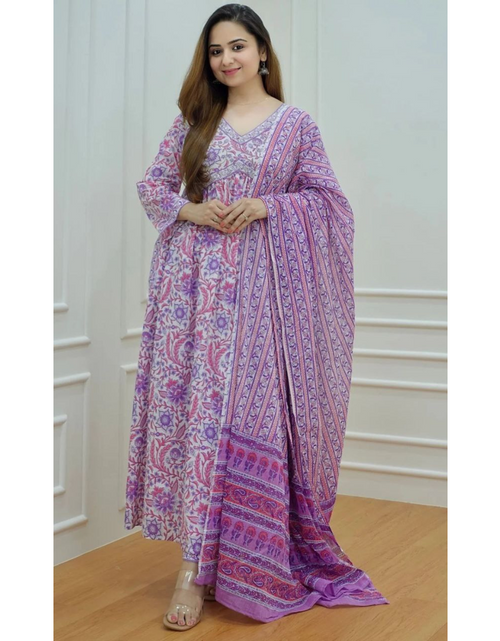 Load image into Gallery viewer, Pink Pure Cotton Floral Women Kurti Pant with Dupatta Suit mahezon
