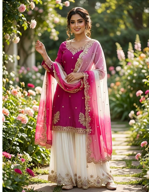 Load image into Gallery viewer, Festive Embroidered Sequence Women Top Palazzo Dupatta Suit Dress mahezon
