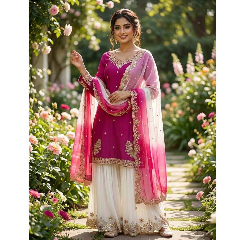 Festive Embroidered Sequence Women Top Palazzo Dupatta Suit Dress mahezon