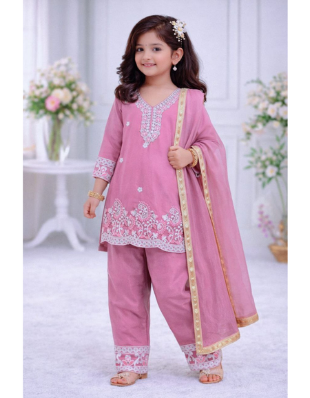 Festive Embroidery Kid Girl Kurti Palazzo with Dupatta Suit mahezon