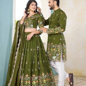 Crunchy Silk Traditional Indian Couple Wear Same Matching Men Kurta Women Lehenga Blouse Dupatta for Weddings mahezon
