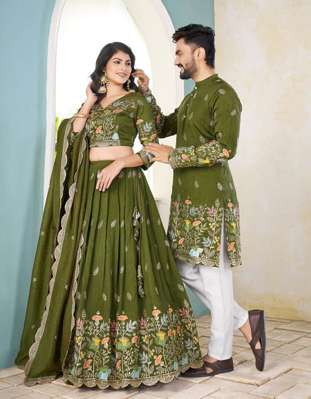 Crunchy Silk Traditional Indian Couple Wear Same Matching Men Kurta Women Lehenga Blouse Dupatta for Weddings mahezon