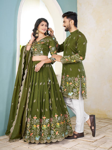 Crunchy Silk Traditional Indian Couple Wear Same Matching Men Kurta Women Lehenga Blouse Dupatta for Weddings mahezon