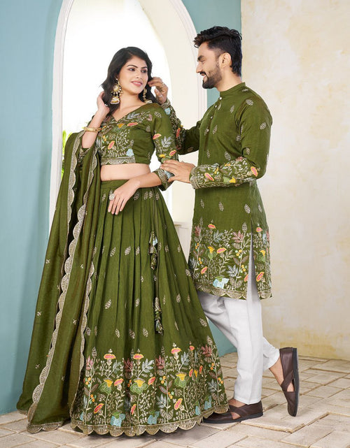 Load image into Gallery viewer, Crunchy Silk Traditional Indian Couple Wear Same Matching Men Kurta Women Lehenga Blouse Dupatta for Weddings mahezon
