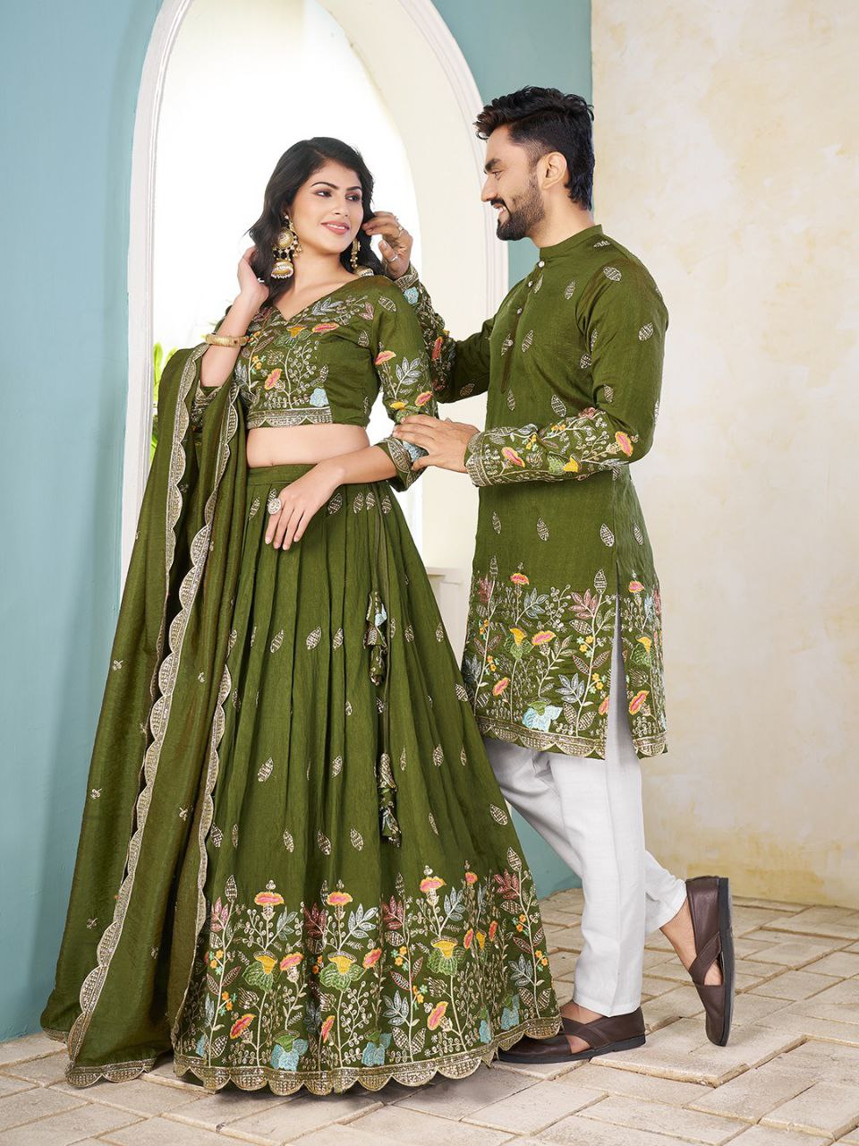 Crunchy Silk Traditional Indian Couple Wear Same Matching Men Kurta Women Lehenga Blouse Dupatta for Weddings mahezon