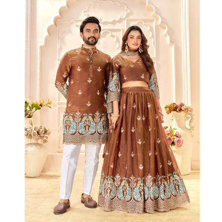 Premium Wedding Couple Wear Men Kurta and Women Lehenga Choli Dupatta Same Matching Outfits Set Mahezon
