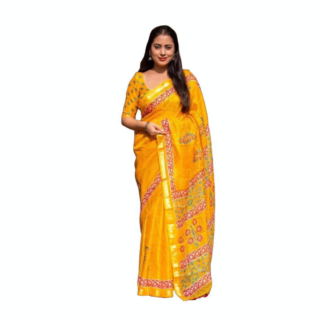 Printed Kanchi Kota Yellow Party wear Women's Saree mahezon