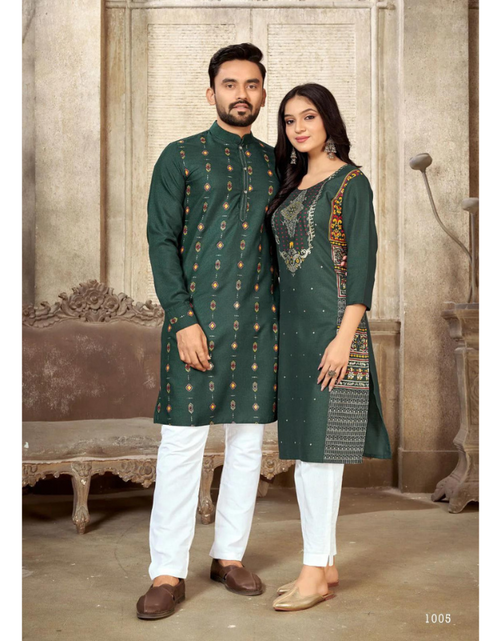 Load image into Gallery viewer, Beautiful Green Pure Cotton Same Matching Couple wear Outfits
