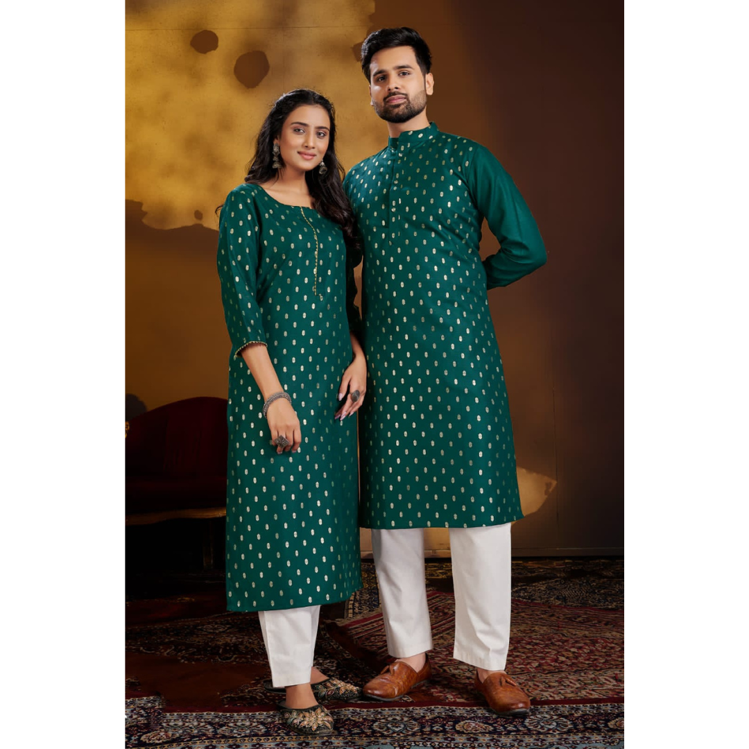 Pure Cotton Traditional Same Matching Color Couple Wear Outfits Green mahezon