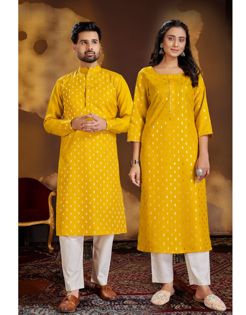 Load image into Gallery viewer, Pure Cotton Traditional Same Matching Color Couple Wear Outfits Yellow mahezon
